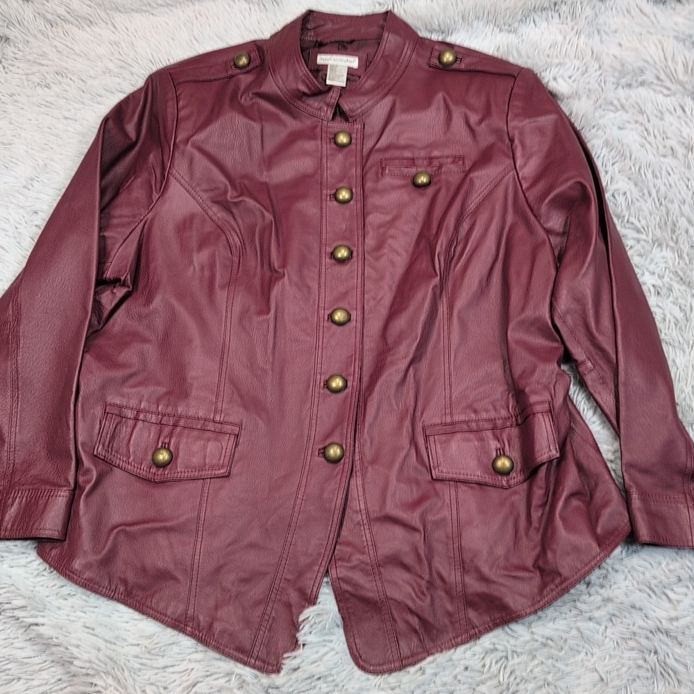 Jessica London Jacket Womens 22 Maroon Leather Coat Pockets‎ Button Up Preppy
